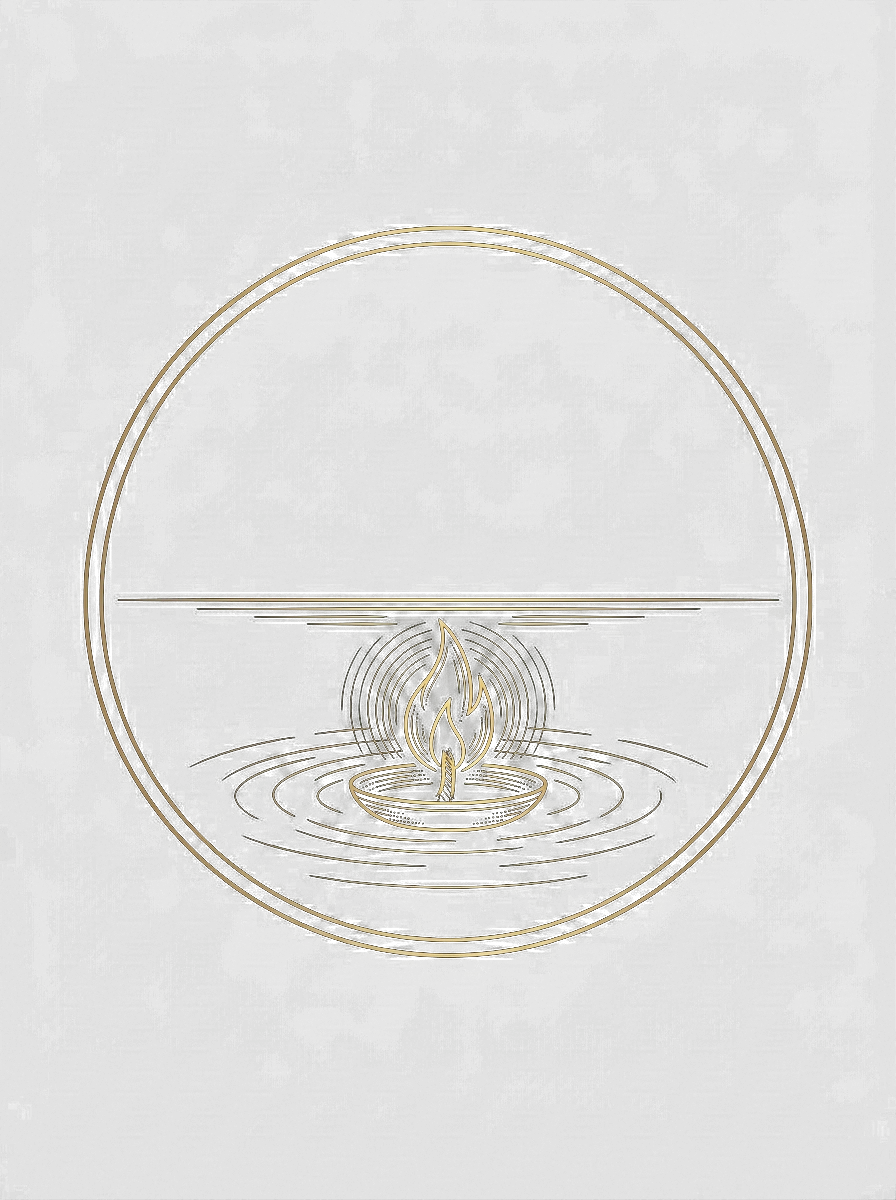 Gold engraving of a low flame burning beneath still water, no smoke, no heat rising &mdash; the fire the body cannot feel